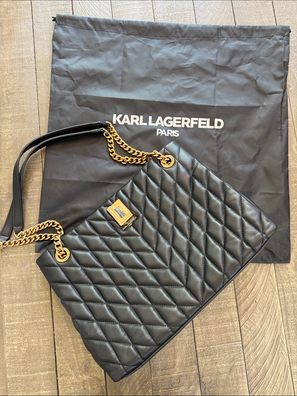 Karl Lagerfeld Black Quilted Tote with Gold Chain Trim